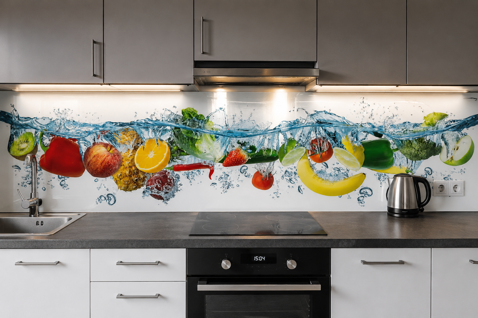 Küchenrückwand mit Obst und spritzendem Wasser