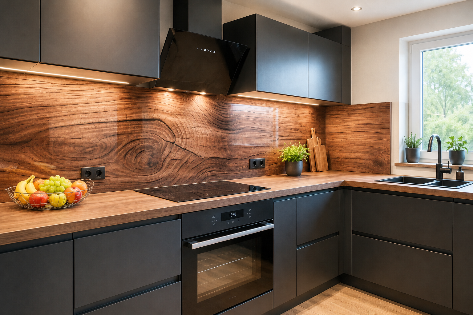 Moderne schwarze Küche mit Küchenrückwand in Holzoptik